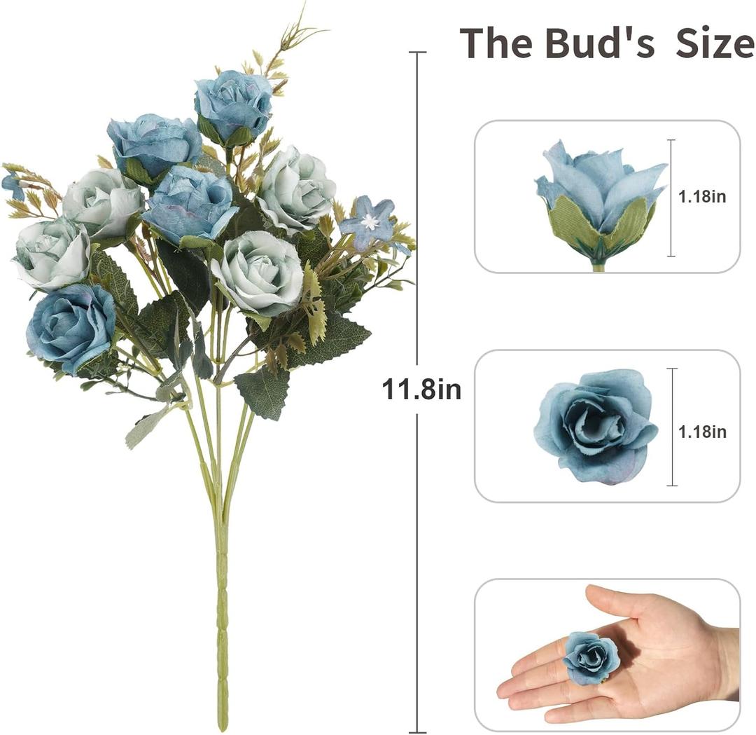 Neendohome  Artificial Flowers Small Roses with Leaf Bouquet for Valentines Decoration Kitchen Wedding Office (1 Pack, Blue)