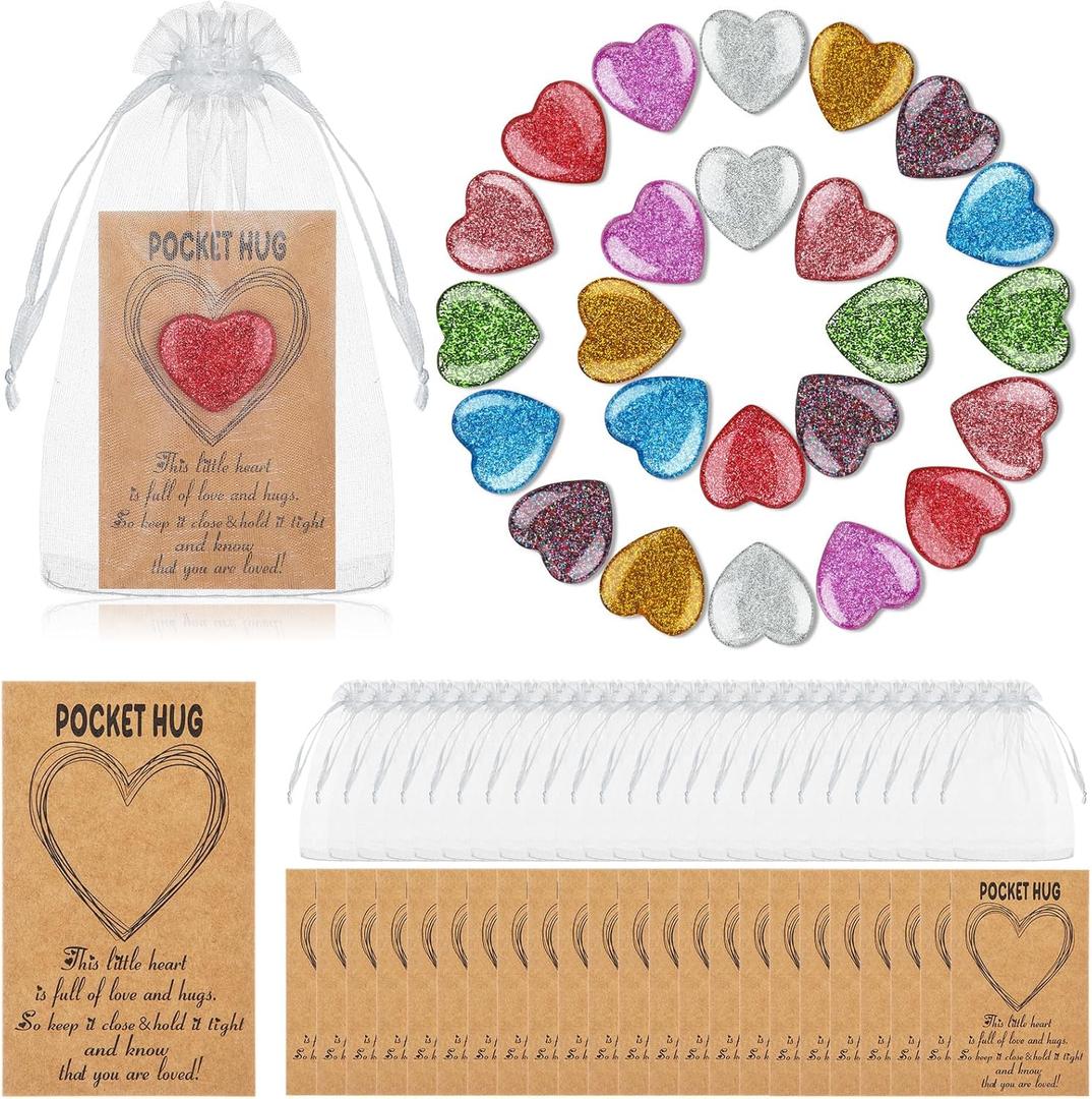 Motiskyy 24 Set Pocket Hug Token Bulk Heart Shape Stones with Hug Card Organza Bag Greeting Keepsake Exchange Relationship Card for Friend Family Colleague Back to School Gifts Celebration of Life