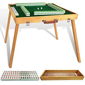steelway Foldable Mahjong Table with Mahjong Tiles Set,Portable Majong Table with 144pcs Majiang Tiles,1x Storage Box, 1x Storage Bag and 4 All in One Racks and Pushers[麻将套装]