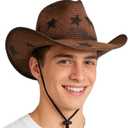 Straw Cowboy Hat, Western Cowgirl Hat with Star Print, Wide Brim Packable Sun Straw Hats for Men Women Travel Beach