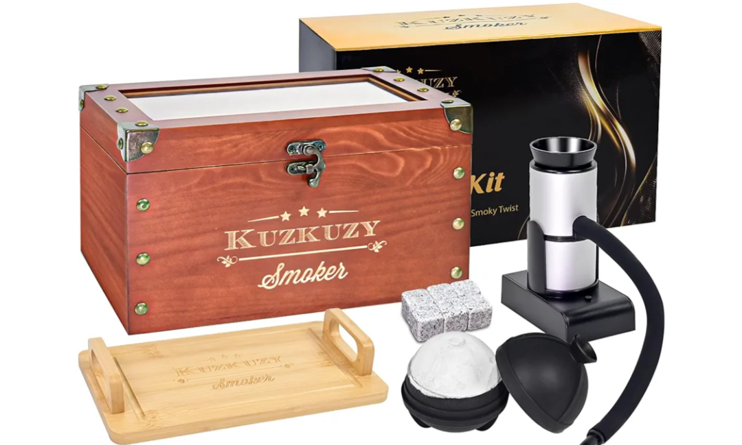 Dom Scmook Cocktail Smoker Kit - Whiskey Smoker Kit with Smoking Gun, Smoker Box, 6 Flavors Wood Chips with Whiskey Stones & Ice Mold - Bourbon Old Fashioned Smoker Kit, Gifts for Men, Dad (Torch Not Required)