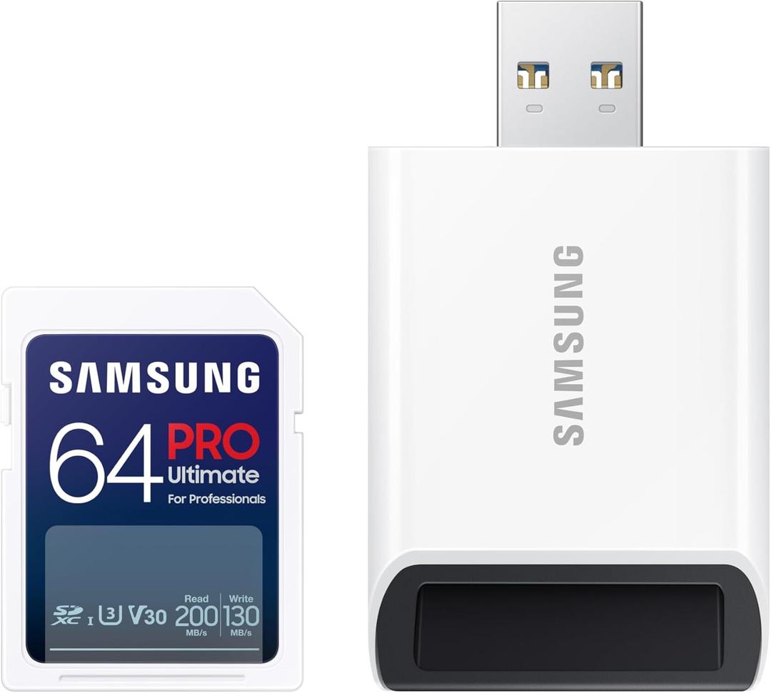 SAMSUNG PRO Ultimate Full Size Memory Card/USB 3.0Reader, 64GB SDXC, Up to 200 MB/s, 4K UHD, UHS-I, C10, U3, V30, A2 for DSLR, Mirrorless Cameras, PCs, MB-SY64SB/AM