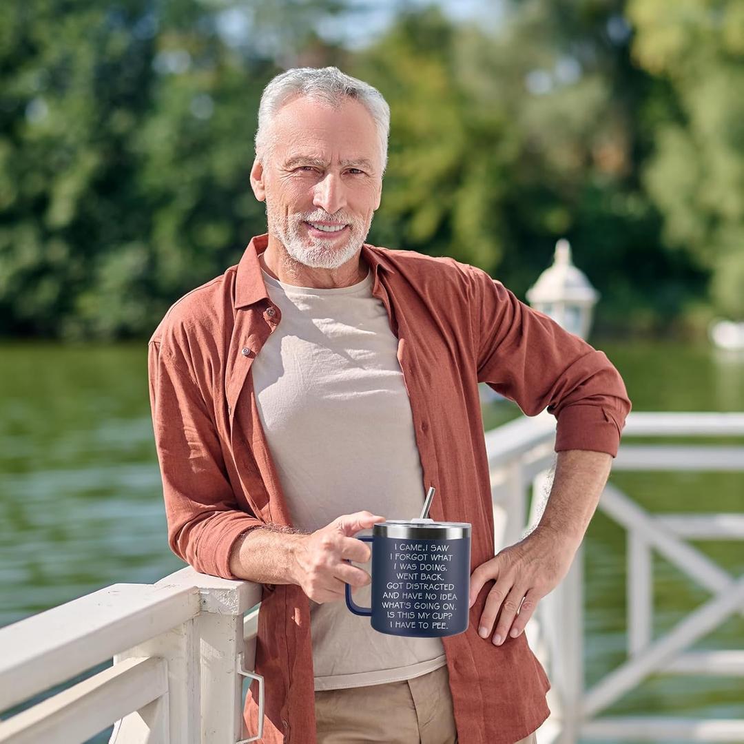 Funny Christmas Gifts for Dad Old Men Grandpa, 14 Oz Stainless Steel Tumbler Coffee Mug with Handle I Came I Saw I Forgot Gag Present Fathers Day Christmas Gift Idea, Navy Blue