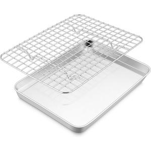 E-far Stainless Steel Baking Sheet with Wire Rack Set, 10.5 x 8.3 Cookie Sheet Baking Pan for Toaster Oven, Small Metal Tray with Cooling Rack for Cooking Roasting, Non-Toxic & Dishwasher Safe