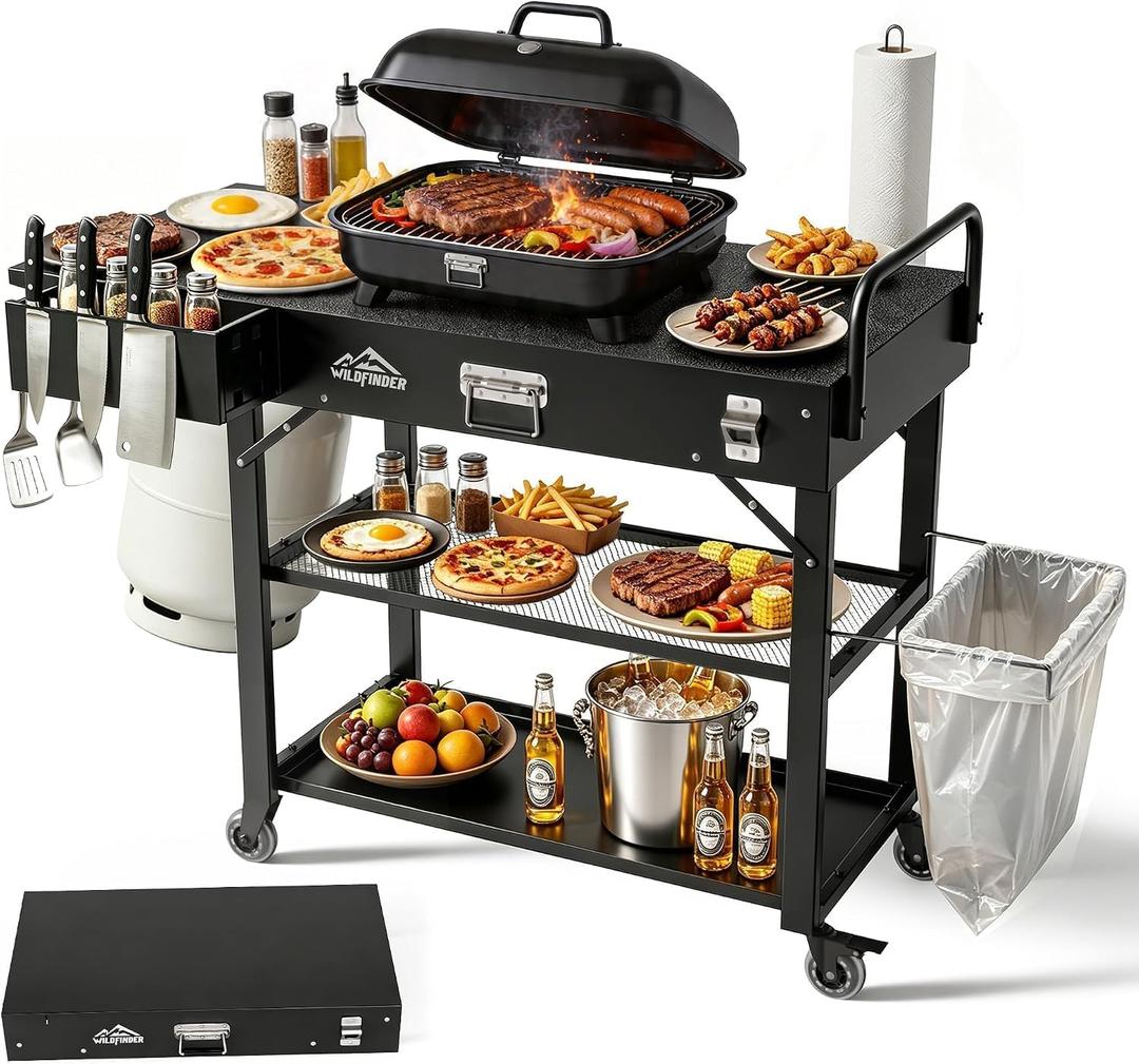 Grill Cart for Blackstone Griddle, Foldable Outdoor Grill Table with Wheels for Ninja, Pizza Oven Stand Grill Stand Fit 17 or 22 Inch Tabletop Griddle, Portable BBQ Prep Station with Tool Hooks