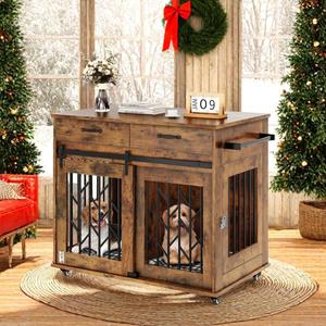 DWVO Dog Crate Furniture for 2 Dogs, 39" Wooden Dog Kennel End Table with Wheels and Storage Drawers, Indoor Double Door Dog Crate with Sliding Barn Door, Brown