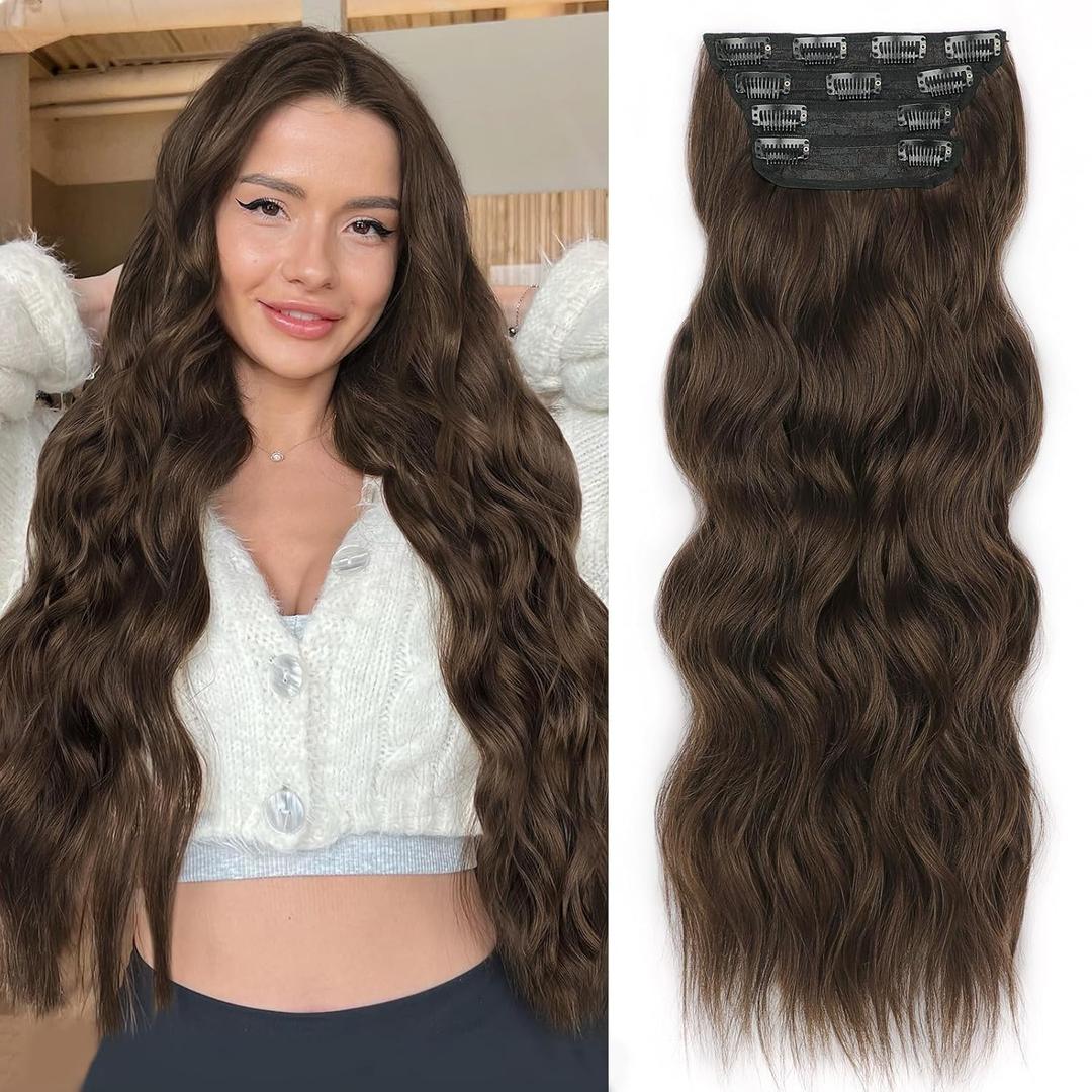 ALXNAN Clip in Hair Extensions for Women,Chocolate Brown with Dark Brown Long Wavy Hair Extensions Clip Ins 4PCS 24 Inch Synthetic Soft and Natural Thick Hair Pieces for Women