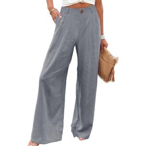 Hooever Womens Cotton Linen Pants Casual Button Up High Waisted Wide Leg Trousers (Gray, L)