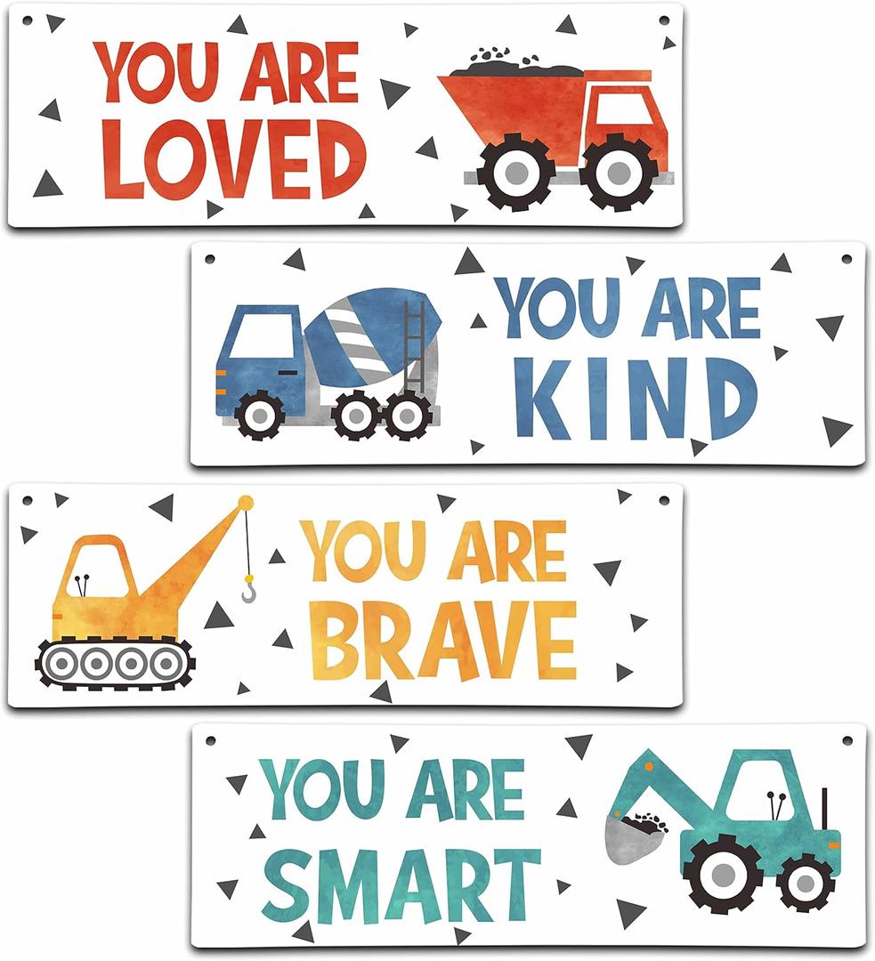 4 Pieces Construction Vehicles Decor Kids Room Wall Decor Wooden Sign - Motivational Wall Art For Kids Room Nursery Playroom Classroom(Sign-01)