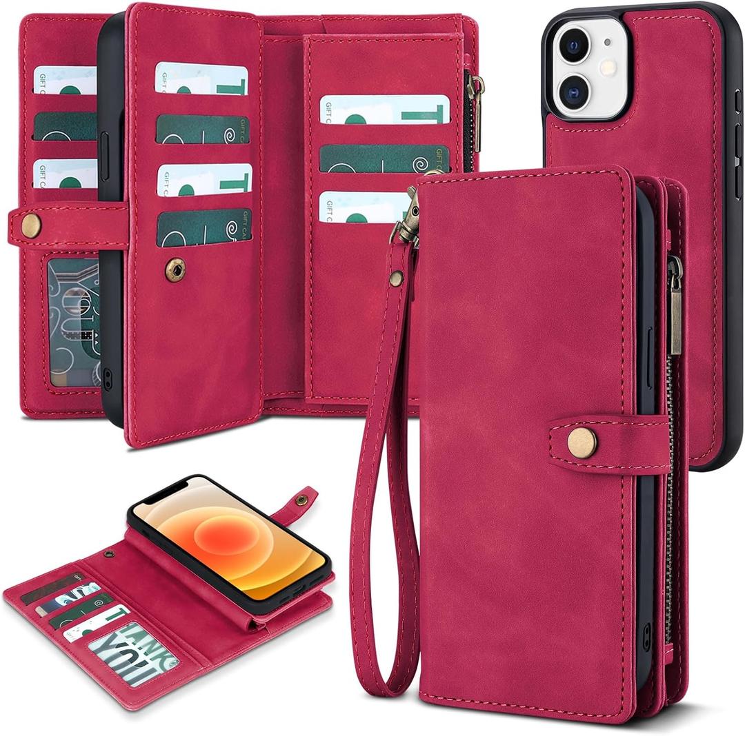 TwoHead for iPhone 12/12 Pro Wallet Case with Card Holder & Detachable Magnetic Phone Case,Leather All-Round Protection Phone Case for Women/Men,6.1IN,Red