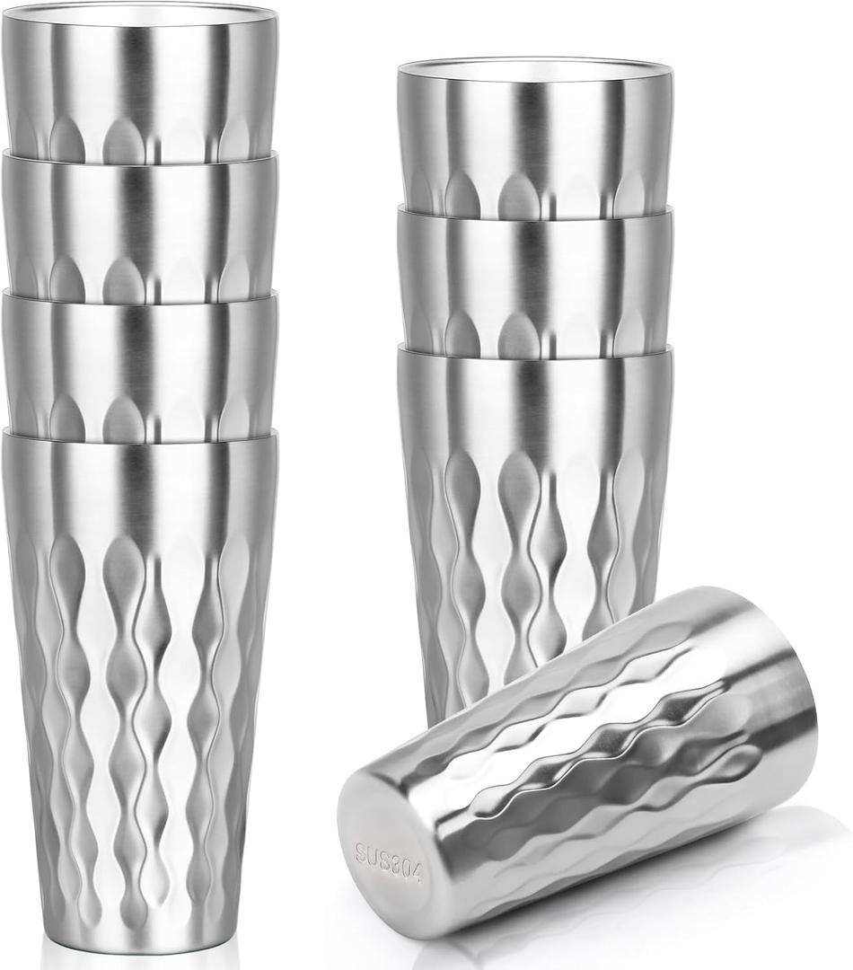 Stainless Steel Drinking Glasses, 19 oz Insulated Tumbler, 8 Pack Double Wall Unbreakable Stackable Water Tumblers Premium Insulated Metal Cup for Travel Camping Home Outdoor Gifts (fire diamond-patterned)
