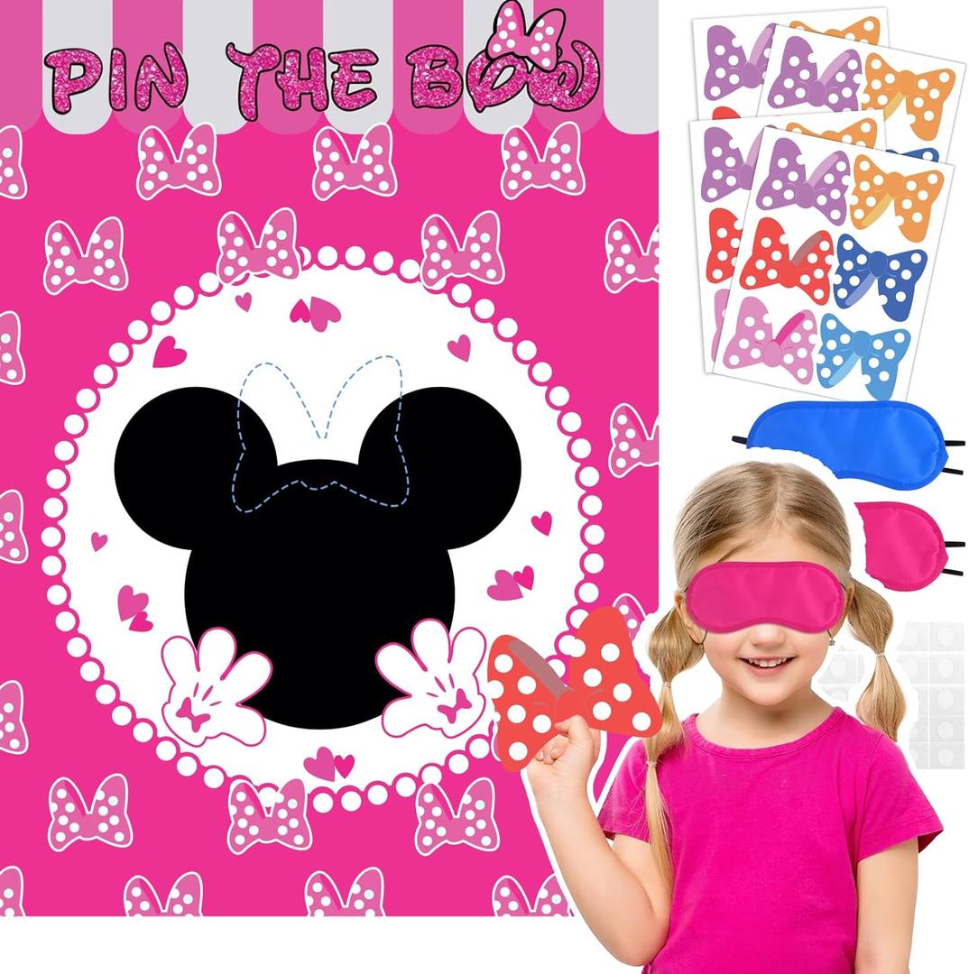 Cute Mouse Birthday Party Decoration Game, pin The Bow on The Mouse with 24 Stickers, Pink Poster Party Favors,Kids Games,Party Games (Pink)
