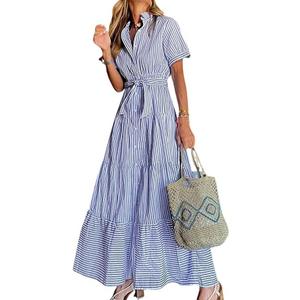 utcoco Womens Casual Short Sleeve Button Down Tie Waist Ruffled Striped Maxi Shirt Dress, Size L