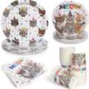 Cat Birthday Paper Plates Pet Party Plates and Napkins Cups Cat Pattern Disposable Tableware Set for 96pcs 24 Guest Baby Shower Tea Kids Birthday Party Supplies Decoration