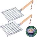 2Pcs Hot Dog Roller for Grill, Stainless Steel Sausage Roller Rack with Extra Long Wood Handle, BBQ Hot Dog Griller for Evenly Cooked Hot Dogs, 10 Hot Dog Capacity, 6.5 x 5.5 Inch
