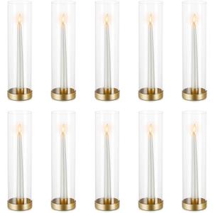 NUPTIO Hurricane Glass Candlestick Holders: 10 Set Bulk Gold Taper Candle Holder Metal Candle Stick Stand with 11.81 inch Tall Windproof Clear Seelves for Outdoor & Indoor Wedding Party Holiday Decor