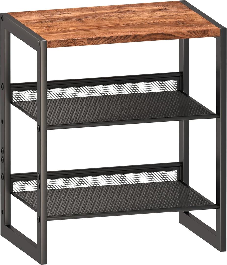 CHEMPFR Narrow 3-Tier Shoe Rack, Slim Space-Saving Shelf with Decorative Wood Top & Steel Mesh, Entryway/Closet/Dorm Organizer, 16.5x11.8x19.8 Inches