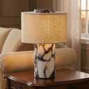 SAMAH Marble Touch Lamp, Luxury Stone Table Lamps, Rechargeable Cordless Night Light, Linen Cloth Fiber Lampshade for Home Decor Bedroom Office, Housewarming Gifts for Women Men (Calacatta Viola)