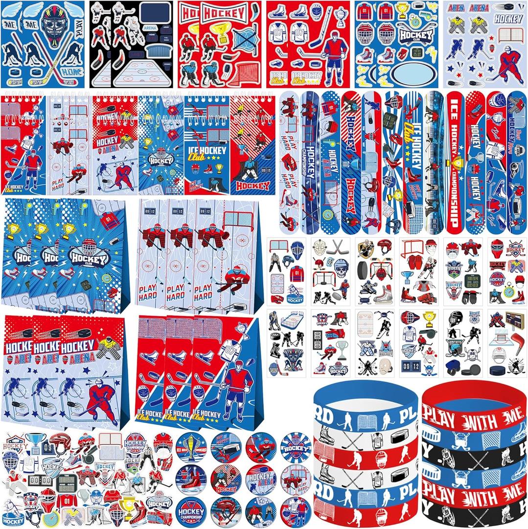 134 PCS Hockey Party Favors Set, 41 Stickers, 12 Goodie Bags,12 Button Badges,12 Slap Bracelets, 12 Tattoo Stickers, 12 Bracelets for Ice Hockey Sports Party Birthday Gift Supplies