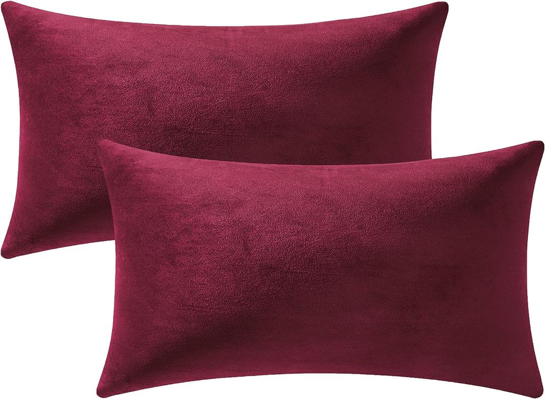 DEZENE Throw Pillow Covers 12x20 Burgundy: 2 Pack Cozy Soft Velvet Rectangular Decorative Pillow Cases for Farmhouse Home Decor