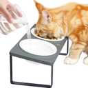 Sunhoo Ceramic Elevated Cat Bowls Raised Puppy Dishes for Food and Water Tilted Wooden Stand for Indoor Cats 5.5 inch Wide Double Dish Orthopedic Reduces Vomiting (Grey)