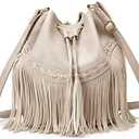 Leather Bucket Bags for Women Crossbody Fringe Purses with Drawstring Ladies Tassel Hobo and Shoulder Handbags