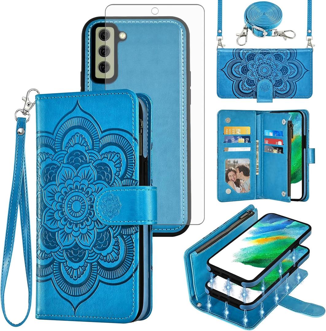 Asuwish Phone Case for Samsung Galaxy S21 FE 5G Zipper Wallet Cell Cover with Tempered Glass Screen Protector Strap Mandala Flower Card Holder S 21 EF S21FE5G UW S21FE 21S G5 6.4 inch Women Girls Blue