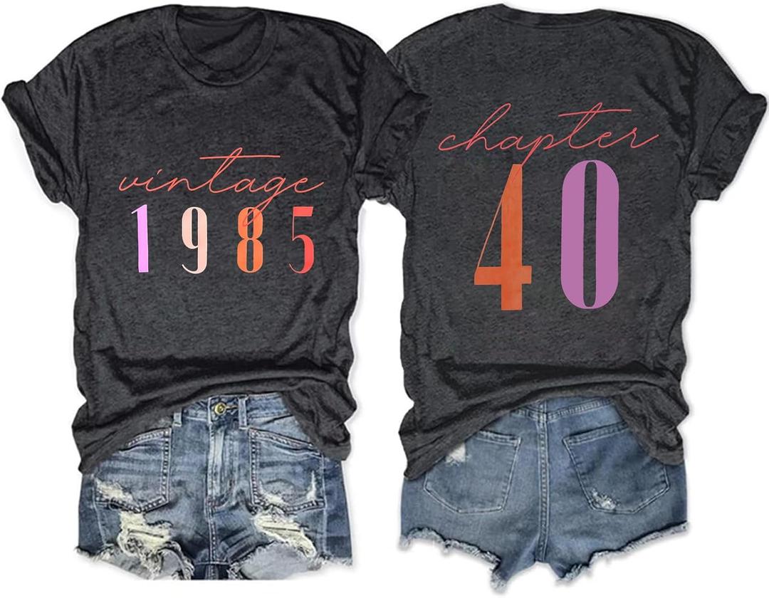 40th Birthday Shirts for Women Vintage 1985 T Shirt Casual Short Sleeve Birthday Party Outfits Tops (XX-Large, N-dark Gray)