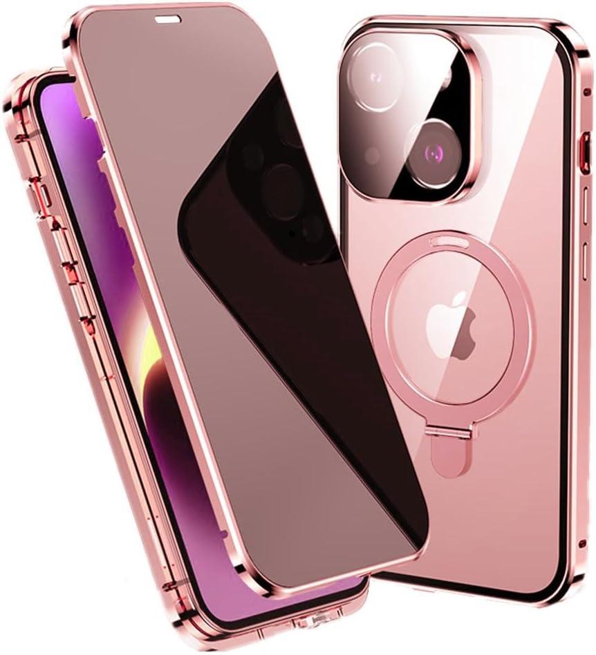 Anti-Peeping Case for iPhone 15 Plus Case Magnetic Ring Stand Compatible with Magsafe Wireless Charging Privacy Screen Camera Lens Protector 360 Full Body Protection (15Plus, Pink)