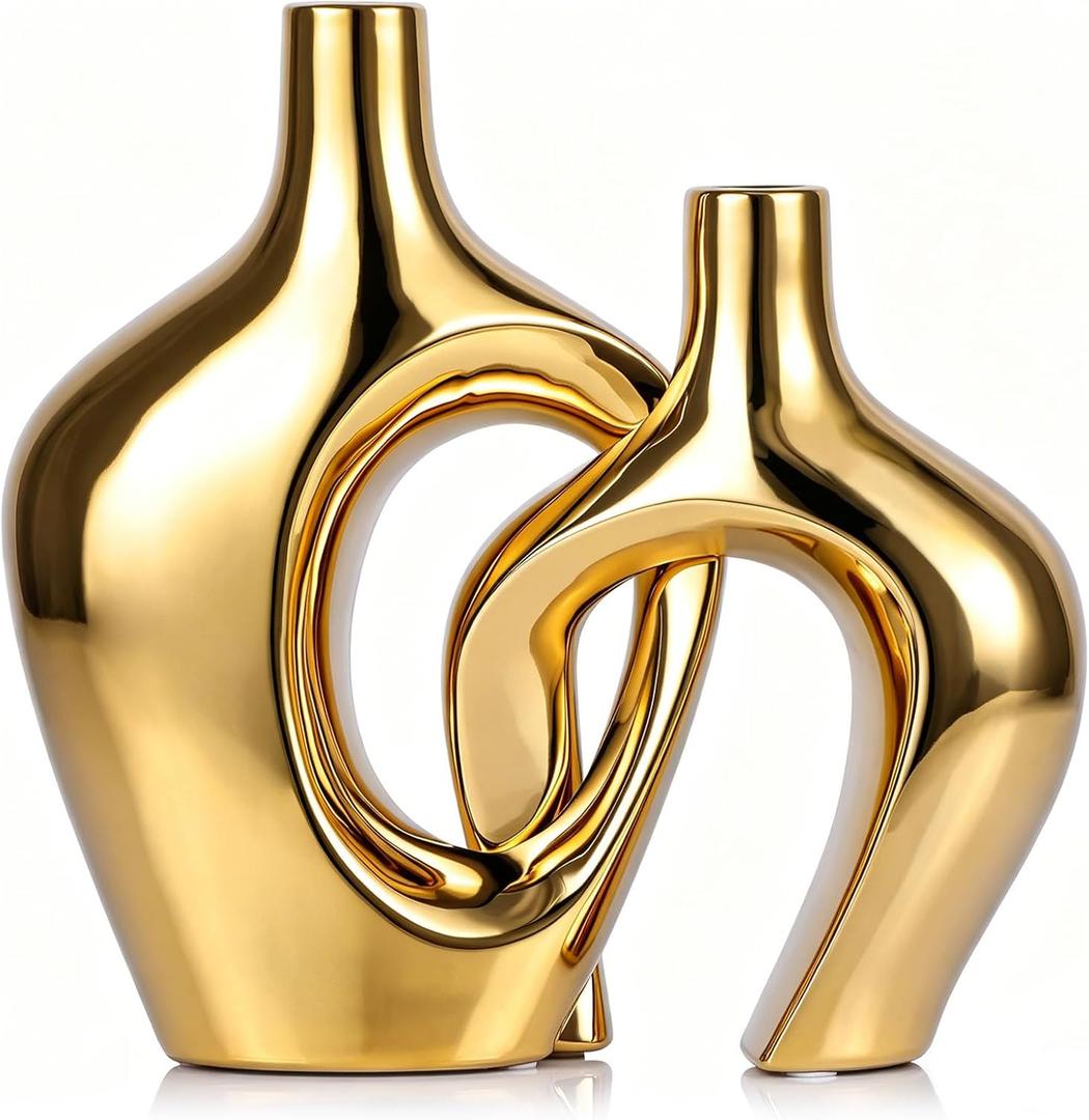 Gold Hollow Ceramic Vases Set of 2 - Modern Nordic Boho ins Style Decor Vases, Pampas Grass Flower Vases for Wedding, Living Room, Office, Entrance, Dining Table Decor Centerpieces