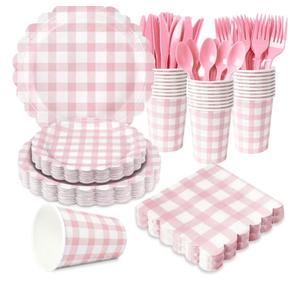 175 PCS Pink Gingham Party Supplies Includes Pink Gingham Paper Plates, Cups, Napkins, Cutlery for Baby & Bridal Shower, Wedding, Birthday Party, Outdoor Picnic, Serves 25