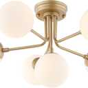 JONATHAN Y 24" Brass Gold Parisian 6-Light Globe Modern Industrial Iron Bistro LED Semi Flush Mount, Ceiling Light with White Frosted Glass Shade for Kitchen Bedroom JYL9542A, 24.0 in