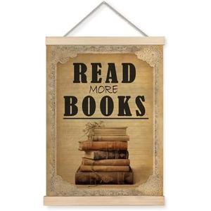 XUNLURY Read More Books Poster Hanger Frame, Reading Nook Corner Decor Canvas Wall Art, Vintage Book Bookish Wall Decor for Library Home Classroom Reading Room, 12x16 Inch