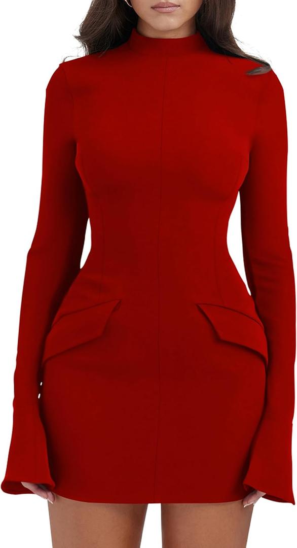 YMDUCH Women's Long Sleeve Mock Turtle Neck Bodycon Mini Tank Short Party Dress (Medium, Red)