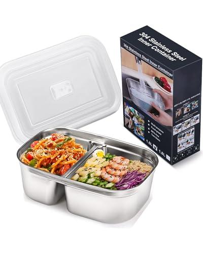 Buddew 1.5L 304 Stainless Steel Inner Container with Compartments Electric Lunch Box, Removable Replacement Tray with Sealed Silicone Cover, Easy to Clean, Eco Friendly and Dishwasher Safe