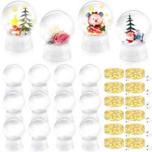 Lenwen 12 Set DIY Snow Globe Christmas LED Kit Including 4 Inch Plastic Clear Snow Globe with Screw Off Cap and 19.7 Inch 10 LED String Lights for Xmas DIY Crafts Decoration