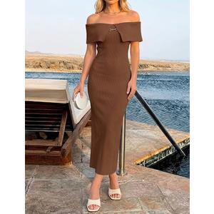 ZESICA Women's Off Shoulder Bodycon Maxi Dress 2026 Summer Ribbed Knit Cocktail Party Formal Sweater Dresses Coffee Small