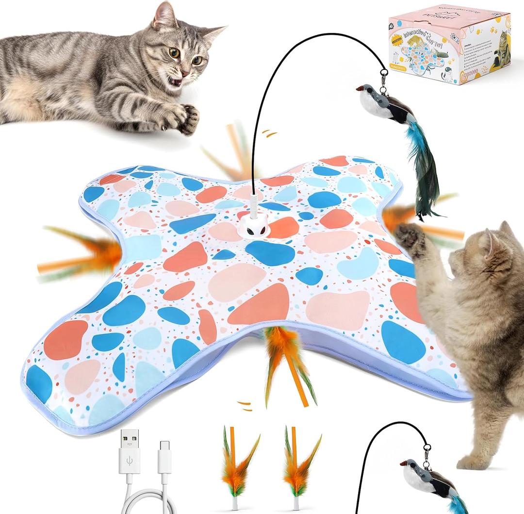 Interactive Cat Toys with Bird, Hide and Seek Cat Toy, 2 in 1 Automatic Moving Concealed Feathers for Indoor Cats, Non-Slip Suction, Touch Activated, USB Rechargeable, Blue