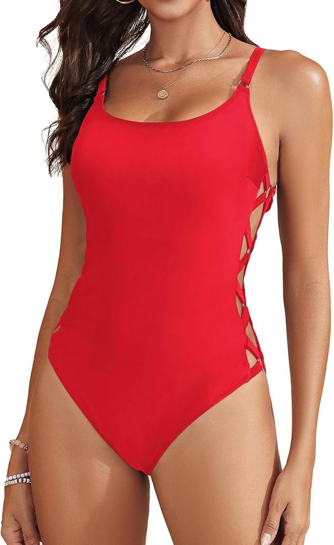 Tempt Me Women One Piece Bathing Suit Slimming Crisscross Lace Up Sexy Swimsuits (Small, Red)