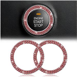 Car Bling Crystal Rhinestone Engine Start Ring Decals, 2 Pack Car Push Start Button Cover/Sticker, Key Ignition Knob Bling Ring, Sparkling Car Interior Accessories for Women (Double Red)