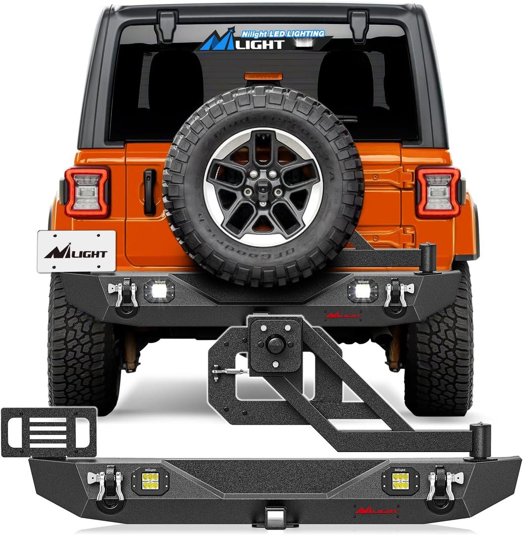 Nilight Rear Bumper with Spare Tire Carrier Compatible for 2018-2025 Wrangler JL JLU Unlimited2/4 Doors) 2" Hitch Receiver w License Plate Bracket 2 LED Lights D-rings