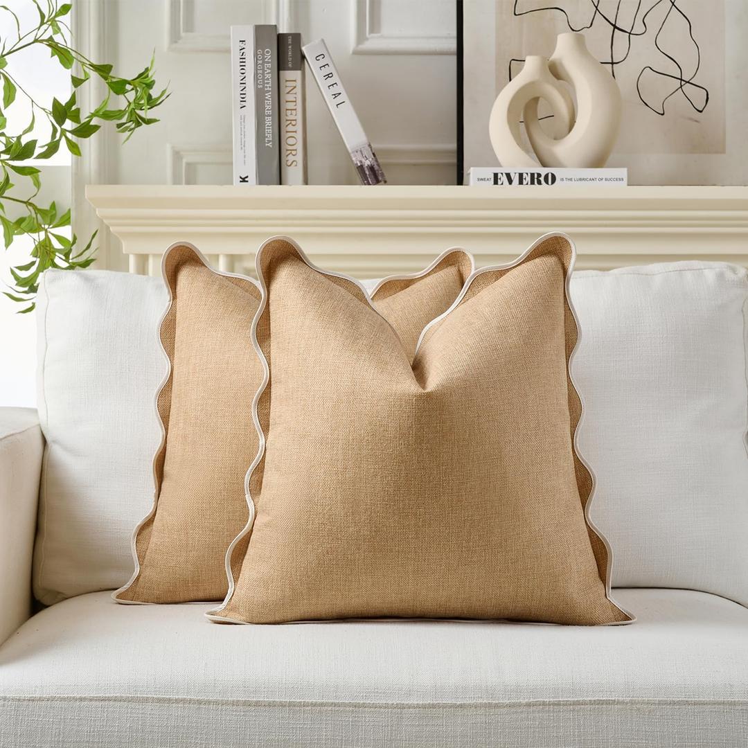 Scalloped Pillow Covers Set of 2 for Living Room | Decorative Sofa Couch Pillows | Boho Sytle Decorative Home | Aesthetic Funky Preppy Pillow Cases (Khaki & White, 18x18 Inch)