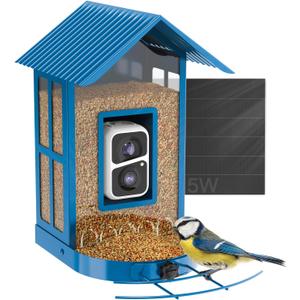 Bird Feeder with Camera with AI Identify Species, Wild Bird Watching, 2K Live View, Instant Arrival Alerts with 5W Solar Powered-Soliom BF08 Metal Blue