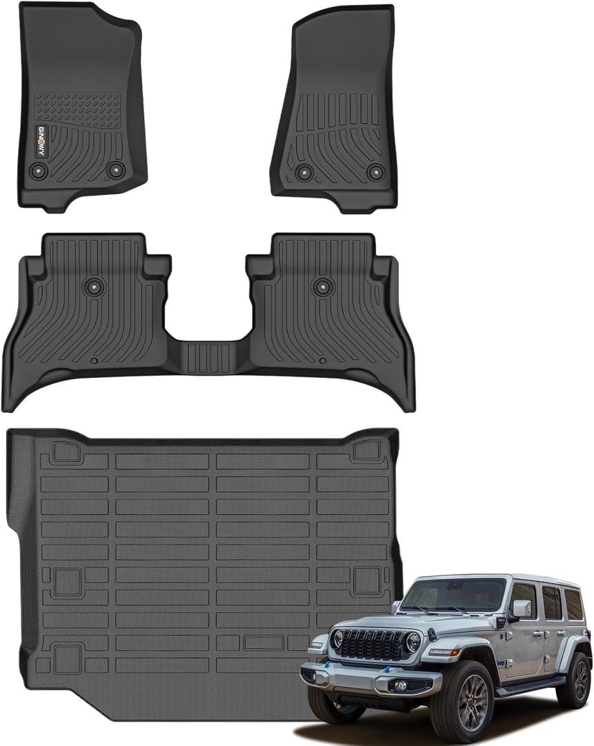 GINOWY-Floor Mats & Cargo Liner for 2021-2026 Jeep Wrangler 4XE Rubicon/Sahara/Sport S/Willys (4 Door, Not for JL or JK) TPE Rubber All Weather Mats Wrangler 4xe Car Accessories Heavy Duty Liners