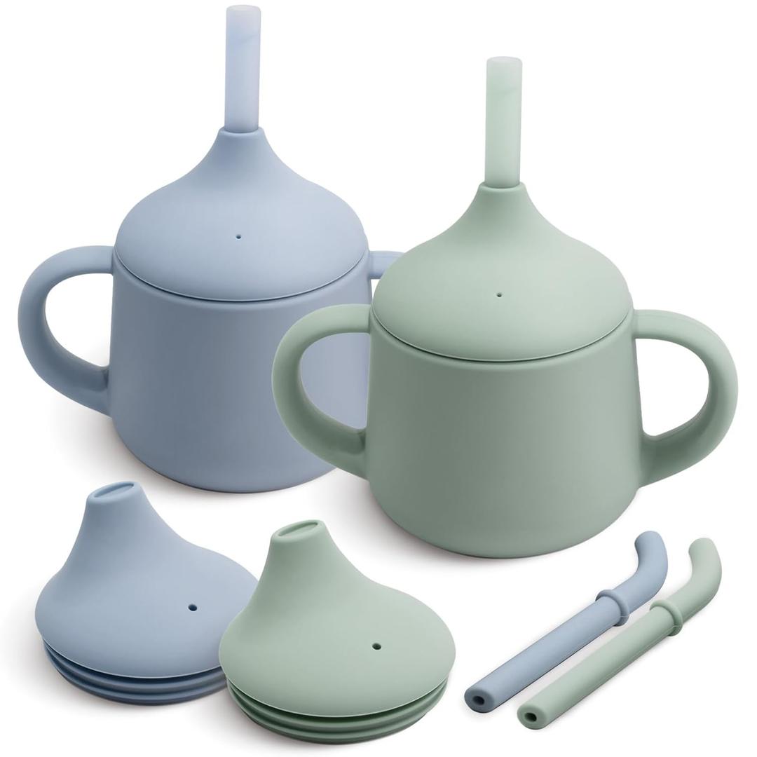 Moonkie Silicone Baby Sippy Cups | 3 Stages Training Cup Straw Cup for Infants Toddlers and Kid | 4 oz 2Pack (Sage + Ether)