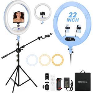 Ring Light 22inch Kit: Ring Light Tripod for iPhone ipad, with 75" Tripod/LCD Display/2 USB Ports Overhead Phone Mount for Video Recording, Zoom Meeting,YouTube,TikTok (Blue)