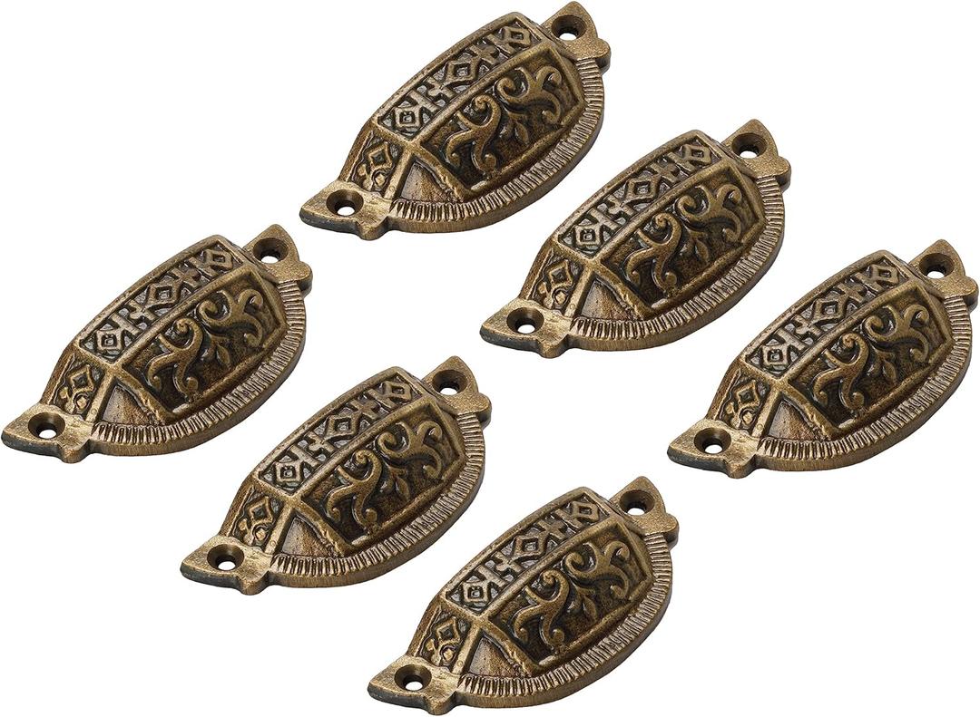 Victorian Apothecary Cabinet Hardware - Antique Brass Pulls, 6 Handles - Catalog & Library Card Drawer Pulls