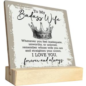 To My Badass Wife Wood Plaque, Straighten Your Crown I Love You Forever and Always, Wife Gifts from Husband, Plaque with Wooden Stand, Meaningful Wood Sign Plaque, Valentines Day Gift B1