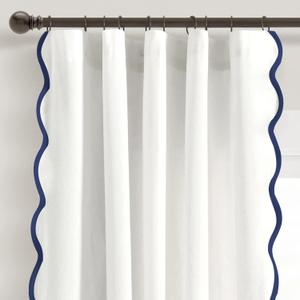 Lush Decor Coastal Chic Scalloped Edge Light Filtering Window Curtain Panels Pair, 52" W x 84" L, Navy & White - White Curtains for Living Room - Coastal Decor