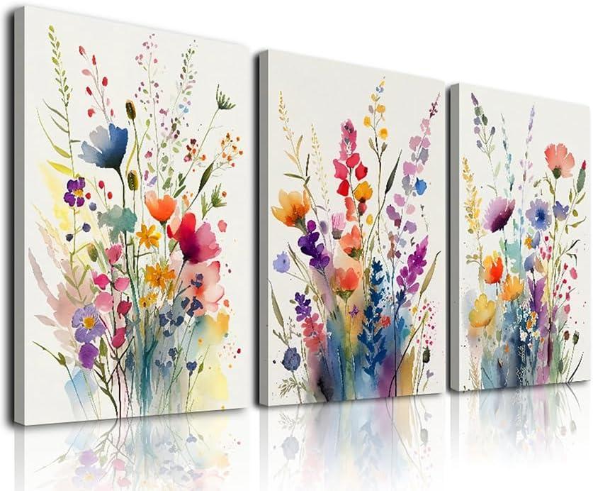 KBKBART Framed Canvas Wall Art Set of 3, Colorful Wildflower Floral Prints Watercolor Flowers Pictures Wall Decor, Botanical Bathroom Wall Decor for Bedroom Living Room Gallery - 12x16